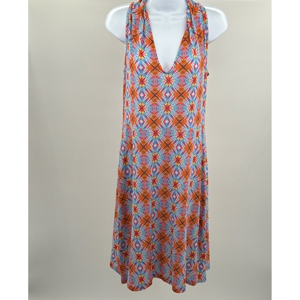 Viereck Women's Geometric V-Neck Racerback Midi Dress Orange Blue Large